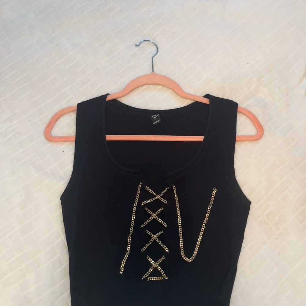 Windsor Black Tank Top with Gold Chain Accents